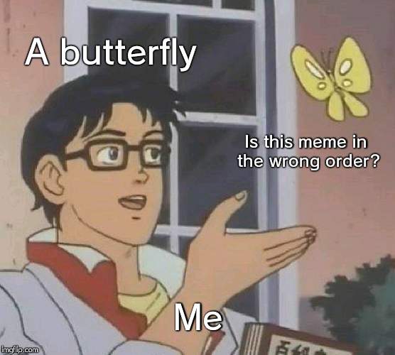 I thought of this at 1 am... | A butterfly; Is this meme in the wrong order? Me | image tagged in memes,is this a pigeon | made w/ Imgflip meme maker