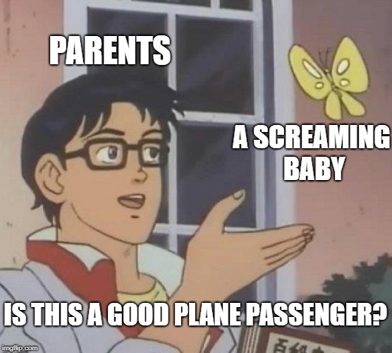 Is This A Pigeon Meme |  PARENTS; A SCREAMING BABY; IS THIS A GOOD PLANE PASSENGER? | image tagged in memes,is this a pigeon,funny,parents | made w/ Imgflip meme maker