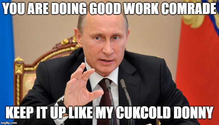Putin perhaps | YOU ARE DOING GOOD WORK COMRADE KEEP IT UP LIKE MY CUKCOLD DONNY | image tagged in putin perhaps | made w/ Imgflip meme maker