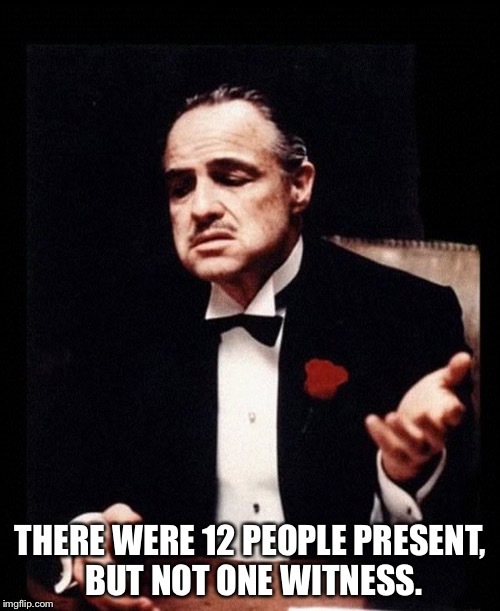 mafia don corleone | THERE WERE 12 PEOPLE PRESENT, BUT NOT ONE WITNESS. | image tagged in mafia don corleone | made w/ Imgflip meme maker