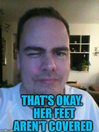 wink | THAT'S OKAY.  HER FEET AREN'T COVERED | image tagged in wink | made w/ Imgflip meme maker
