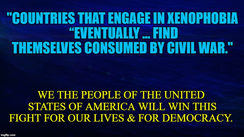 We The People WILL WIN | "COUNTRIES THAT ENGAGE IN XENOPHOBIA “EVENTUALLY ... FIND THEMSELVES CONSUMED BY CIVIL WAR."; WE THE PEOPLE OF THE UNITED STATES OF AMERICA WILL WIN THIS FIGHT FOR OUR LIVES & FOR DEMOCRACY. | image tagged in democracy,trump,treason | made w/ Imgflip meme maker