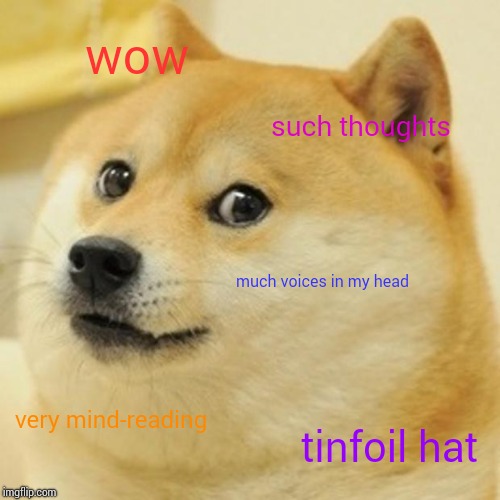 Doge is reading your mind. | wow; such thoughts; much voices in my head; very mind-reading; tinfoil hat | image tagged in memes,doge,mind reading,thoughts,brains,tinfoil hat | made w/ Imgflip meme maker
