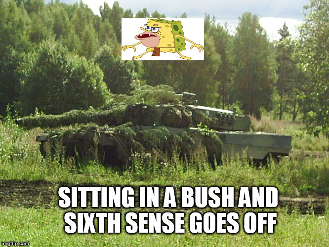 bush camping  | SITTING IN A BUSH AND SIXTH SENSE GOES OFF | image tagged in world of tanks,tank,shocked,games | made w/ Imgflip meme maker