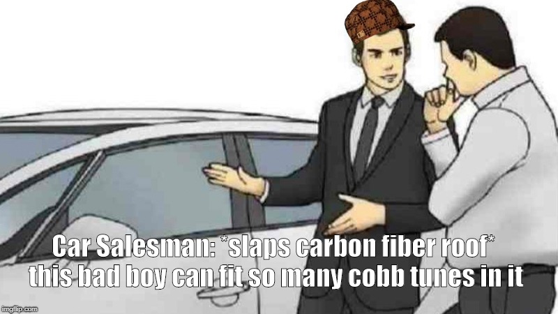 Car Salesman Slaps Roof Of Car Meme | Car Salesman: *slaps carbon fiber roof* this bad boy can fit so many cobb tunes in it | image tagged in car salesman,scumbag | made w/ Imgflip meme maker