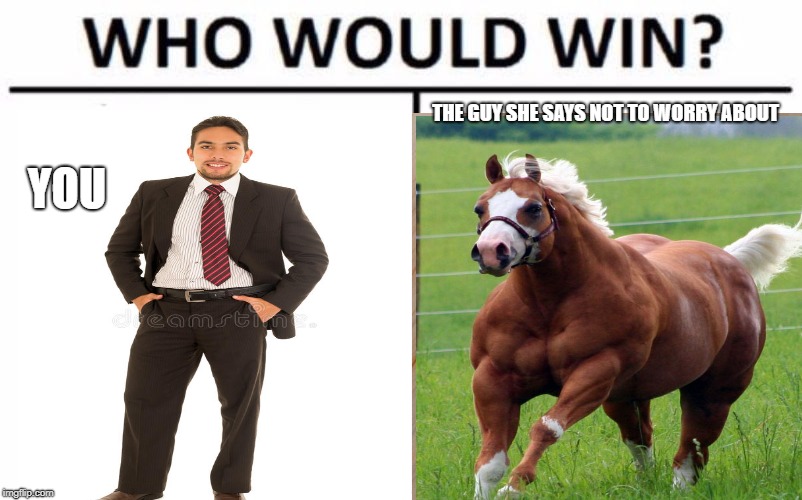 You vs. The horse | THE GUY SHE SAYS NOT TO WORRY ABOUT; YOU | image tagged in who would win,memes,you vs the guy she tells you not to worry about,horse,beastiality,horses | made w/ Imgflip meme maker