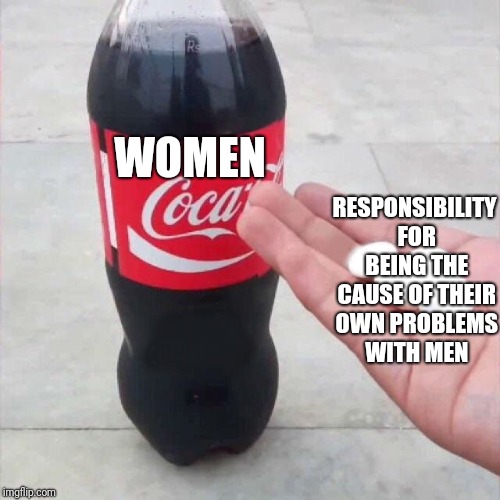Coke and Mentos | WOMEN; RESPONSIBILITY FOR BEING THE CAUSE OF THEIR OWN PROBLEMS WITH MEN | image tagged in coke and mentos | made w/ Imgflip meme maker