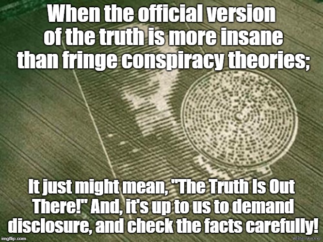 Official Truth Is Insane Therefore Conspiracy | When the official version of the truth is more insane than fringe conspiracy theories;; It just might mean, "The Truth Is Out There!" And, it's up to us to demand disclosure, and check the facts carefully! | image tagged in conspiracy theory,ancient aliens,disclosure,politics,trump russia insanity | made w/ Imgflip meme maker
