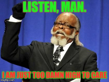 Too Damn High Meme | LISTEN, MAN. I AM JUST TOO DAMN HIGH TO CARE | image tagged in memes,too damn high | made w/ Imgflip meme maker