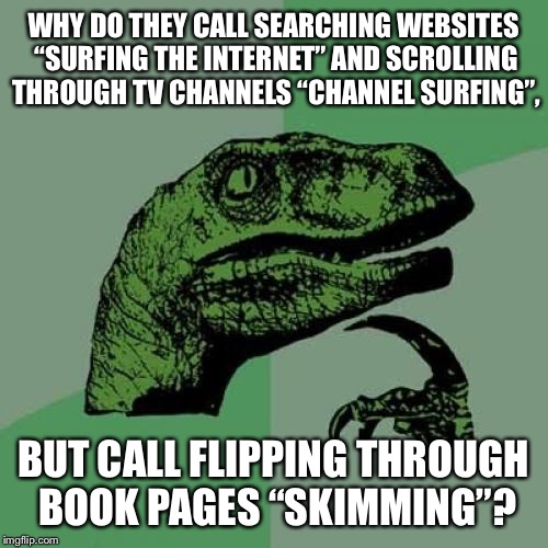 Channel surfing | WHY DO THEY CALL SEARCHING WEBSITES “SURFING THE INTERNET” AND SCROLLING THROUGH TV CHANNELS “CHANNEL SURFING”, BUT CALL FLIPPING THROUGH BOOK PAGES “SKIMMING”? | image tagged in memes,philosoraptor,tv,surf,book,internet | made w/ Imgflip meme maker