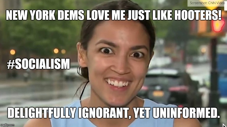 New York Dems love me just like Hooters! #Socialism "Delightfully Ignorant, yet Uninformed."  | NEW YORK DEMS LOVE ME JUST LIKE HOOTERS! #SOCIALISM; DELIGHTFULLY IGNORANT, YET UNINFORMED. | image tagged in alexandria ocasio-cortez,ignorant,occupy democrats,hooters,derp face,american politics | made w/ Imgflip meme maker
