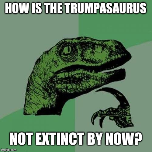 Philosoraptor | HOW IS THE TRUMPASAURUS; NOT EXTINCT BY NOW? | image tagged in memes,philosoraptor | made w/ Imgflip meme maker