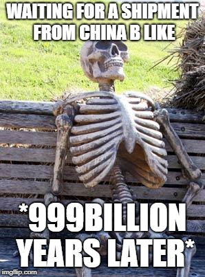 Waiting Skeleton | WAITING FOR A SHIPMENT FROM CHINA B LIKE; *999BILLION YEARS LATER* | image tagged in memes,waiting skeleton | made w/ Imgflip meme maker