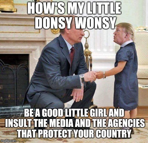 Putin  | HOW'S MY LITTLE DONSY WONSY; BE A GOOD LITTLE GIRL AND INSULT THE MEDIA AND THE AGENCIES THAT PROTECT YOUR COUNTRY | image tagged in trump bill signing | made w/ Imgflip meme maker