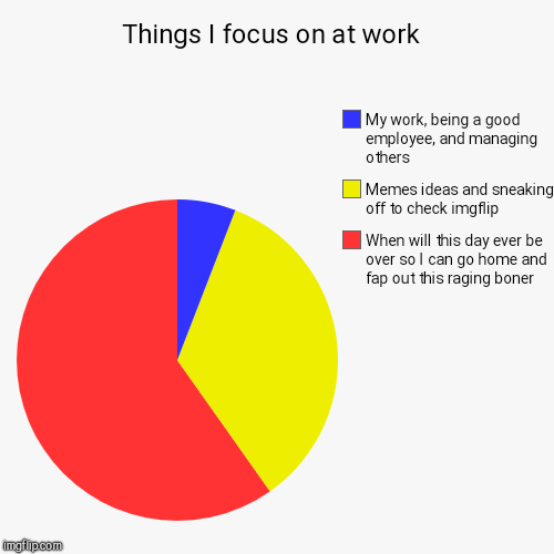 This is me lately lol.  At least my boss still seems mostly pleased with my work  | Things I focus on at work  | When will this day ever be over so I can go home and fap out this raging boner , Memes ideas and sneaking off t | image tagged in funny,pie charts,jbmemegeek,time to fap | made w/ Imgflip chart maker