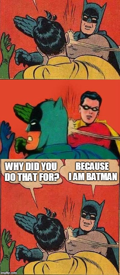 That is a reason for Batman | BECAUSE I AM BATMAN; WHY DID YOU DO THAT FOR? | image tagged in batman slapping robin,robin slapping batman,slapping | made w/ Imgflip meme maker