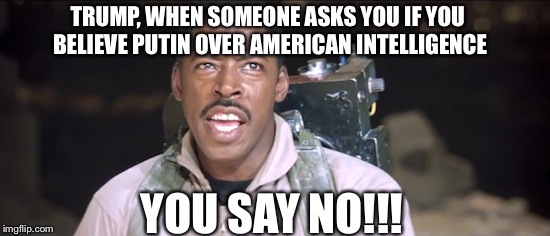 TRUMP, WHEN SOMEONE ASKS YOU IF YOU BELIEVE PUTIN OVER AMERICAN INTELLIGENCE; YOU SAY NO!!! | image tagged in trump,trump putin | made w/ Imgflip meme maker