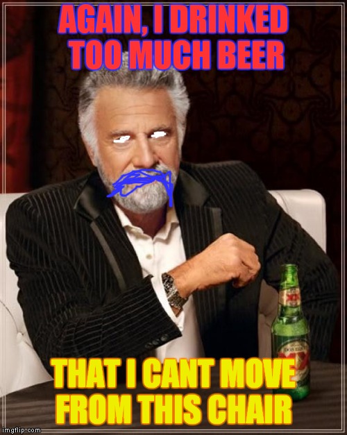 The Most Interesting Man In The World Meme | AGAIN, I DRINKED TOO MUCH BEER; THAT I CANT MOVE FROM THIS CHAIR | image tagged in memes,the most interesting man in the world | made w/ Imgflip meme maker