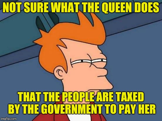 Futurama Fry Meme | NOT SURE WHAT THE QUEEN DOES THAT THE PEOPLE ARE TAXED BY THE GOVERNMENT TO PAY HER | image tagged in memes,futurama fry | made w/ Imgflip meme maker