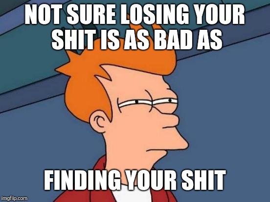 Futurama Fry Meme | NOT SURE LOSING YOUR SHIT IS AS BAD AS FINDING YOUR SHIT | image tagged in memes,futurama fry | made w/ Imgflip meme maker