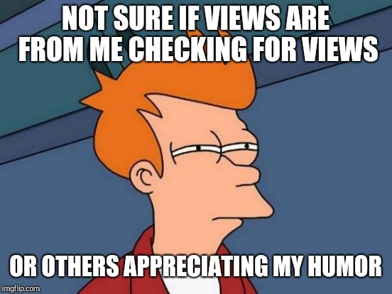 Futurama Fry Meme | NOT SURE IF VIEWS ARE FROM ME CHECKING FOR VIEWS OR OTHERS APPRECIATING MY HUMOR | image tagged in memes,futurama fry | made w/ Imgflip meme maker