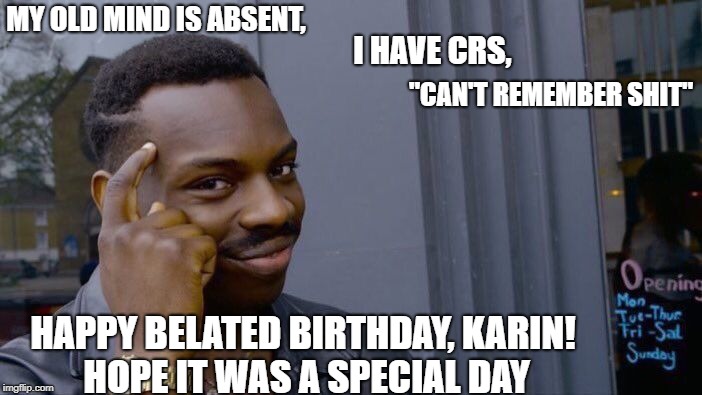 Roll Safe Think About It Meme | MY OLD MIND IS ABSENT, I HAVE CRS, "CAN'T REMEMBER SHIT"; HAPPY BELATED BIRTHDAY, KARIN! HOPE IT WAS A SPECIAL DAY | image tagged in memes,roll safe think about it | made w/ Imgflip meme maker
