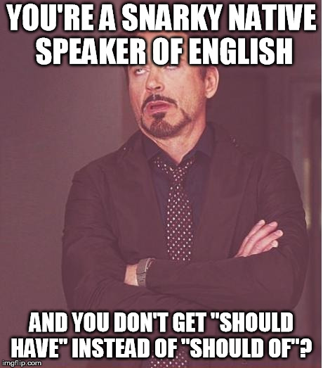 Face You Make Robert Downey Jr Meme | YOU'RE A SNARKY NATIVE SPEAKER OF ENGLISH AND YOU DON'T GET "SHOULD HAVE" INSTEAD OF "SHOULD OF"? | image tagged in memes,face you make robert downey jr | made w/ Imgflip meme maker