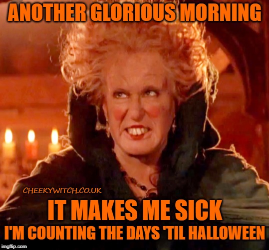 Counting the days to halloween. | ANOTHER GLORIOUS MORNING; CHEEKYWITCH.CO.UK; IT MAKES ME SICK; I'M COUNTING THE DAYS 'TIL HALLOWEEN | image tagged in hocus pocus-glorious morning,halloween,halloween is coming,winifred sanderson,hocus pocus | made w/ Imgflip meme maker