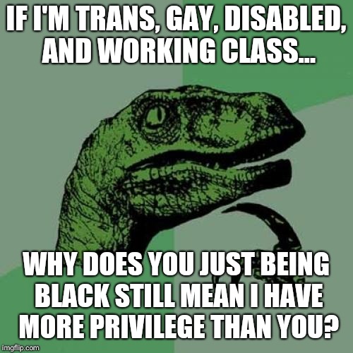 SJW Logic | IF I'M TRANS, GAY, DISABLED, AND WORKING CLASS... WHY DOES YOU JUST BEING BLACK STILL MEAN I HAVE MORE PRIVILEGE THAN YOU? | image tagged in memes,philosoraptor,lgbt,disability,poor,transgender | made w/ Imgflip meme maker