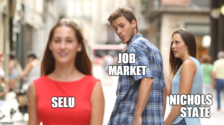 JOB; MARKET; NICHOLS; SELU; STATE | image tagged in college | made w/ Imgflip meme maker