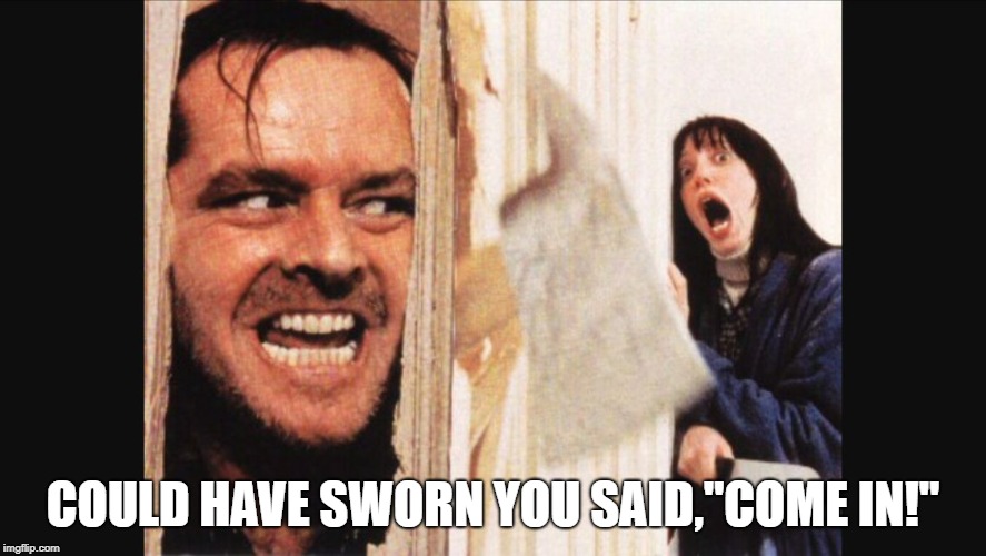 Here's johnny | COULD HAVE SWORN YOU SAID,"COME IN!" | image tagged in here's johnny | made w/ Imgflip meme maker