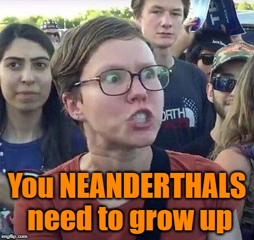 foggy | You NEANDERTHALS need to grow up | image tagged in triggered feminist | made w/ Imgflip meme maker