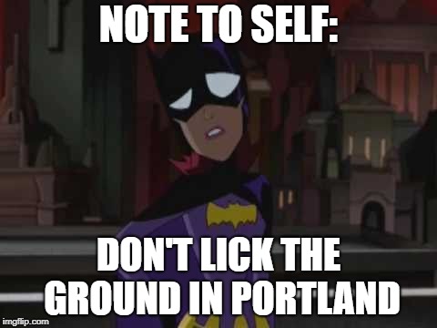The Batman Batgirl | NOTE TO SELF: DON'T LICK THE GROUND IN PORTLAND | image tagged in the batman batgirl | made w/ Imgflip meme maker