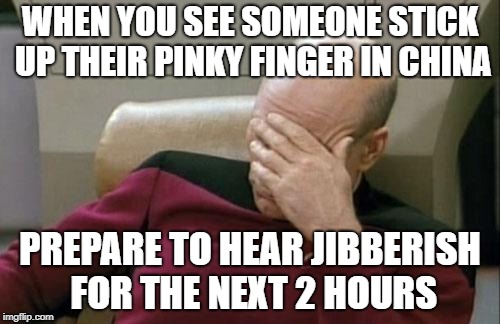 Captain Picard Facepalm | WHEN YOU SEE SOMEONE STICK UP THEIR PINKY FINGER IN CHINA; PREPARE TO HEAR JIBBERISH FOR THE NEXT 2 HOURS | image tagged in memes,captain picard facepalm | made w/ Imgflip meme maker