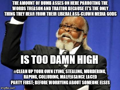 Hypocrisy is Too Damn High | THE AMOUNT OF DUMB ASSES ON HERE PARROTING THE WORDS TREASON AND TRAITOR BECAUSE IT'S THE ONLY THING THEY HEAR FROM THEIR LIBERAL ASS-CLOWN MEDIA GODS; IS TOO DAMN HIGH; #CLEAN UP YOUR OWN LYING, STEALING, MURDERING, RAPING, COLLUDING, MALFEASANCE LACED PARTY FIRST; BEFORE WORRYING ABOUT SOMEONE ELSES | image tagged in memes,too damn high,liberals,liar,parrot,ass clowns | made w/ Imgflip meme maker