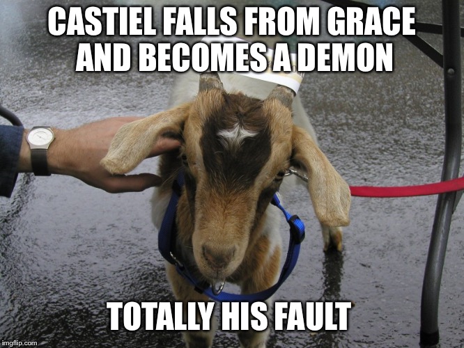 Sinbad the Scapegoat  | CASTIEL FALLS FROM GRACE AND BECOMES A DEMON; TOTALLY HIS FAULT | image tagged in sinbad the scapegoat | made w/ Imgflip meme maker