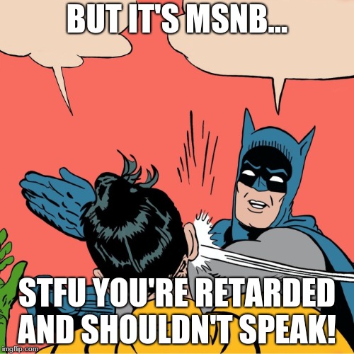 Batman Robin | BUT IT'S MSNB... STFU YOU'RE RETARDED AND SHOULDN'T SPEAK! | image tagged in batman robin | made w/ Imgflip meme maker