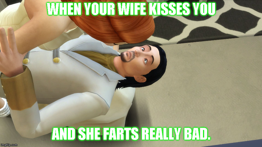 WHEN YOUR WIFE KISSES YOU; AND SHE FARTS REALLY BAD. | image tagged in alexander hamilton sims 4 kiss | made w/ Imgflip meme maker