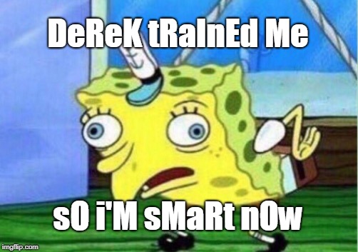 Mocking Spongebob Meme | DeReK tRaInEd Me; sO i'M sMaRt nOw | image tagged in memes,mocking spongebob | made w/ Imgflip meme maker