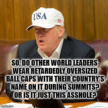President 'Tard | SO, DO OTHER WORLD LEADERS WEAR RETARDEDLY OVERSIZED BALL CAPS WITH THEIR COUNTRY'S NAME ON IT DURING SUMMITS? OR IS IT JUST THIS ASSHOLE? | image tagged in retard,retarded,trump,hat,summit,donald trump | made w/ Imgflip meme maker