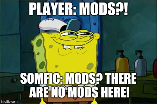 Don't You Squidward Meme | PLAYER: MODS?! SOMFIC: MODS? THERE ARE NO MODS HERE! | image tagged in memes,dont you squidward | made w/ Imgflip meme maker