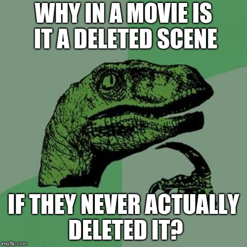 Seriously? | WHY IN A MOVIE IS IT A DELETED SCENE; IF THEY NEVER ACTUALLY DELETED IT? | image tagged in memes,philosoraptor,one does not simply,gifs,pie charts,funny | made w/ Imgflip meme maker