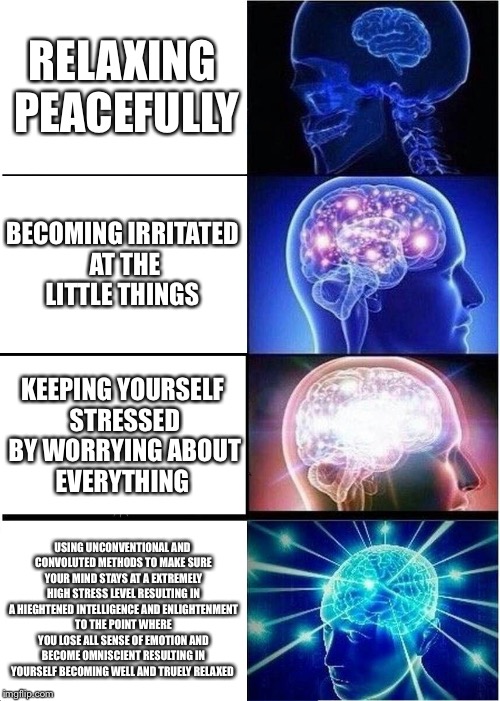 Expanding Brain Meme | RELAXING PEACEFULLY; BECOMING IRRITATED AT THE LITTLE THINGS; KEEPING YOURSELF STRESSED BY WORRYING ABOUT EVERYTHING; USING UNCONVENTIONAL AND CONVOLUTED METHODS TO MAKE SURE YOUR MIND STAYS AT A EXTREMELY HIGH STRESS LEVEL RESULTING IN A HIEGHTENED INTELLIGENCE AND ENLIGHTENMENT TO THE POINT WHERE YOU LOSE ALL SENSE OF EMOTION AND BECOME OMNISCIENT RESULTING IN YOURSELF BECOMING WELL AND TRUELY RELAXED | image tagged in memes,expanding brain | made w/ Imgflip meme maker
