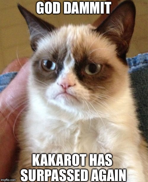 Grumpy Cat Meme | GOD DAMMIT; KAKAROT HAS SURPASSED AGAIN | image tagged in memes,grumpy cat | made w/ Imgflip meme maker