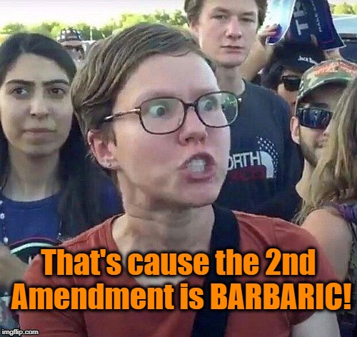 foggy | That's cause the 2nd Amendment is BARBARIC! | image tagged in triggered feminist | made w/ Imgflip meme maker