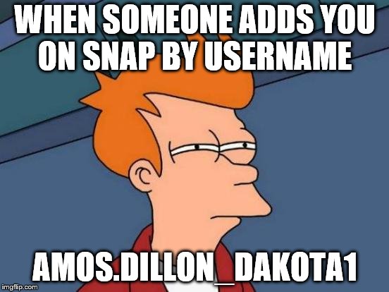 Futurama Fry Meme | WHEN SOMEONE ADDS YOU ON SNAP BY USERNAME; AMOS.DILLON_DAKOTA1 | image tagged in memes,futurama fry | made w/ Imgflip meme maker