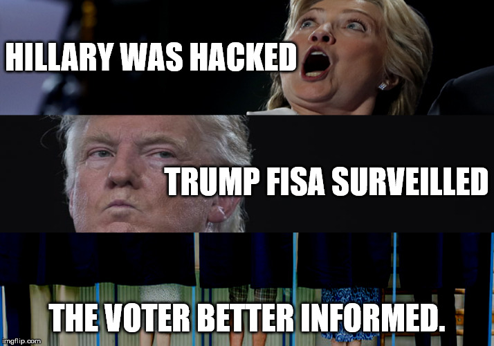 The voter better informed | HILLARY WAS HACKED; TRUMP FISA SURVEILLED; THE VOTER BETTER INFORMED. | image tagged in russia,hacks,fisa | made w/ Imgflip meme maker
