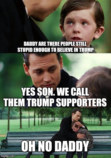Finding Neverland Meme | DADDY ARE THERE PEOPLE STILL STUPID ENOUGH TO BELIEVE IN TRUMP; YES SON. WE CALL THEM TRUMP SUPPORTERS; OH NO DADDY | image tagged in memes,finding neverland | made w/ Imgflip meme maker