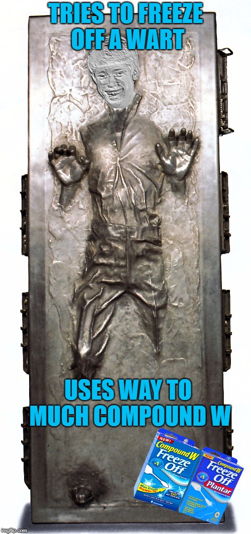 Freeze Away Brian | TRIES TO FREEZE OFF A WART; USES WAY TO MUCH COMPOUND W | image tagged in bad luck brian carbonite,funny memes,bad luck,feet,hands | made w/ Imgflip meme maker