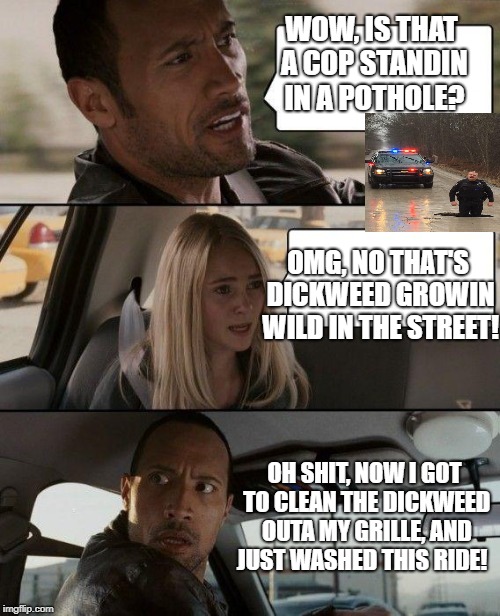 The Rock Driving | WOW, IS THAT A COP STANDIN IN A POTHOLE? OMG, NO THAT'S DICKWEED GROWIN WILD IN THE STREET! OH SHIT, NOW I GOT TO CLEAN THE DICKWEED OUTA MY GRILLE, AND JUST WASHED THIS RIDE! | image tagged in memes,the rock driving | made w/ Imgflip meme maker